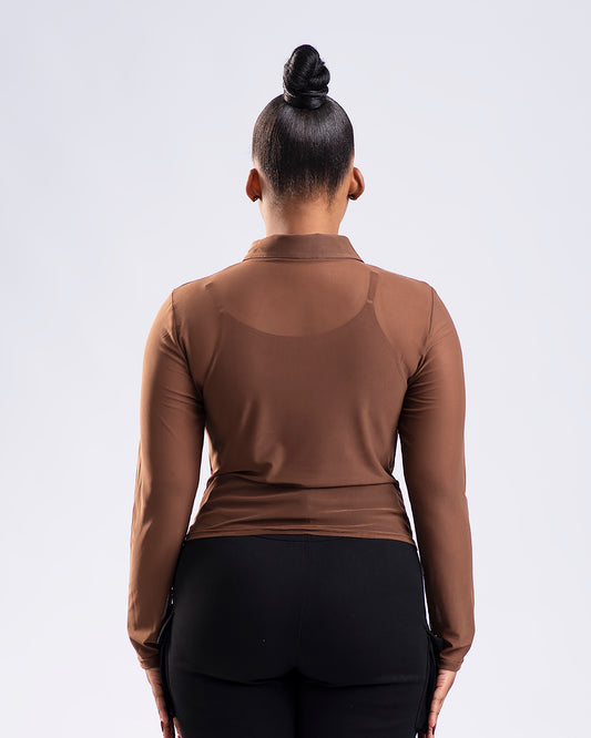 BP Basic Button Mesh Top - Brown