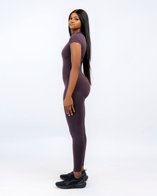 Flex Zip Jumpsuit (Short Sleeve) - Brown