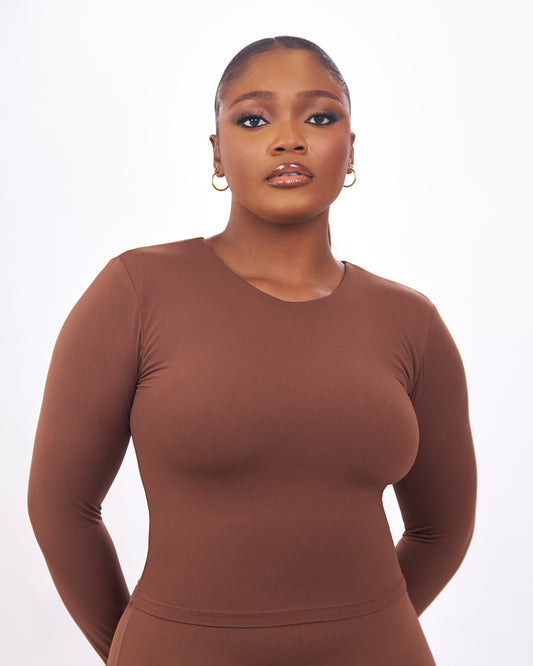 BP Basic Cropped Fitted Long Sleeve Tee - Brown