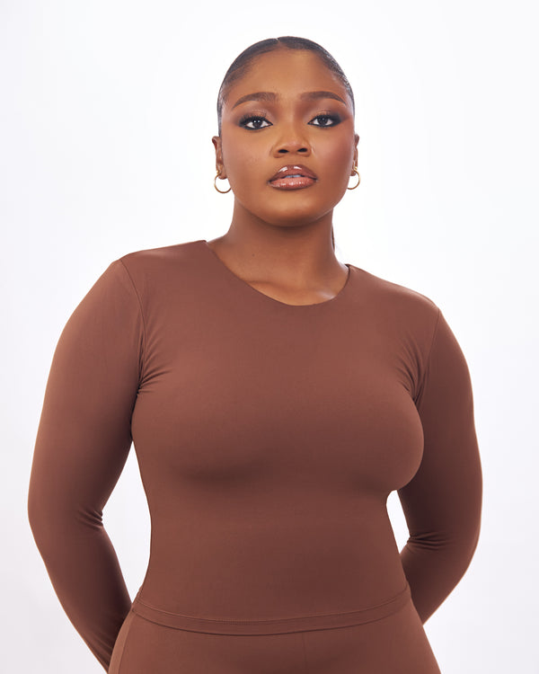 BP Basic Cropped Fitted Long Sleeve Tee - Brown