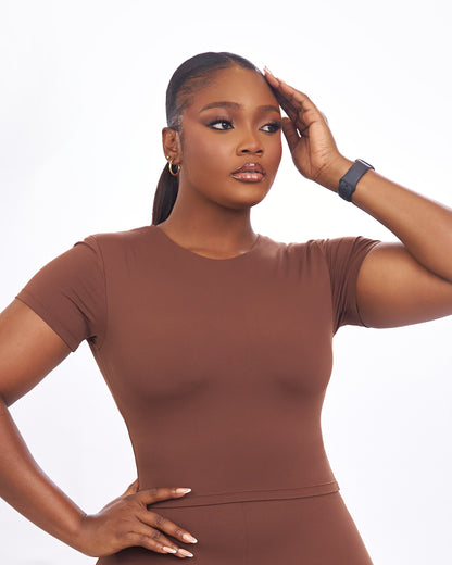 BP Basic Cropped Fitted Short Sleeve Tee - Brown