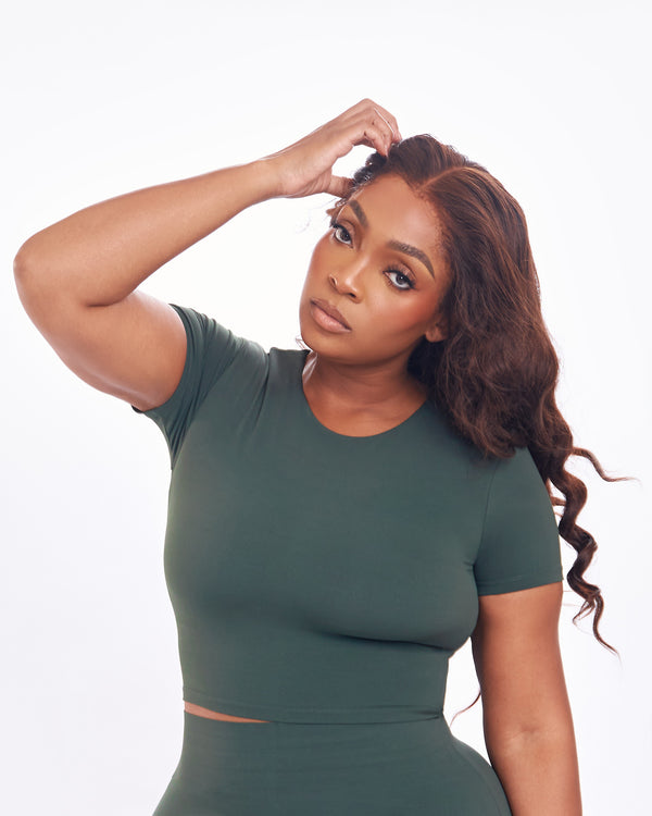 BP Basic Cropped Fitted Short Sleeve Tee - Dark Green