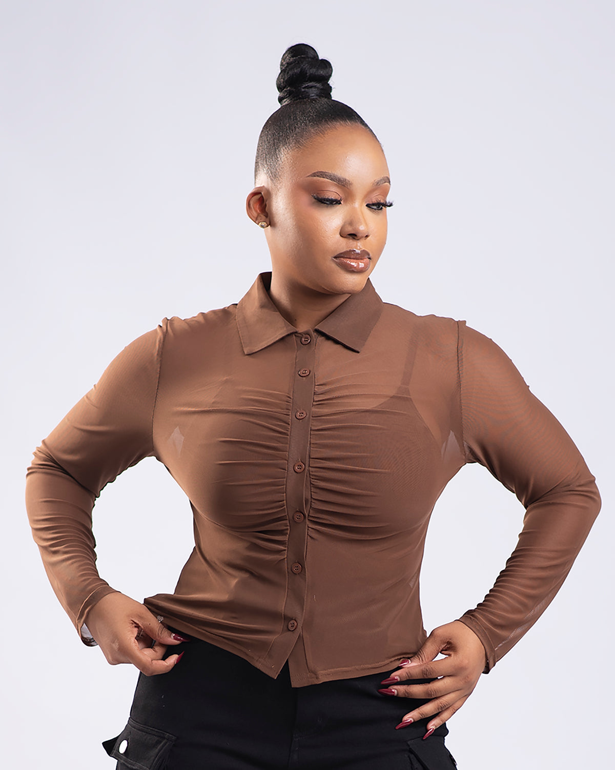 BP Basic Button Mesh Top - Brown