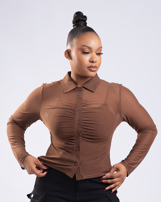 BP Basic Button Mesh Top - Brown