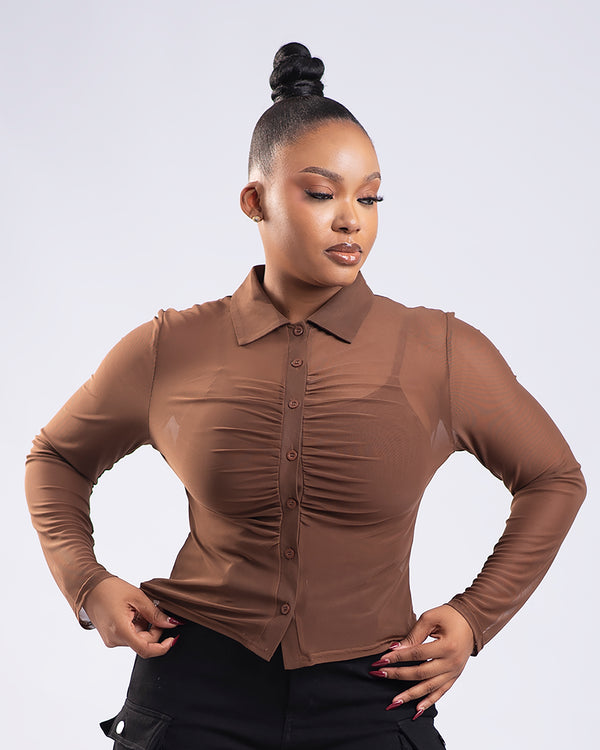 BP Basic Button Mesh Top - Brown