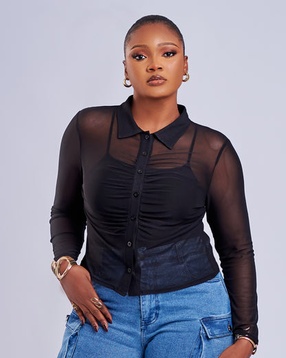 BP Basic Button Mesh Top - Black