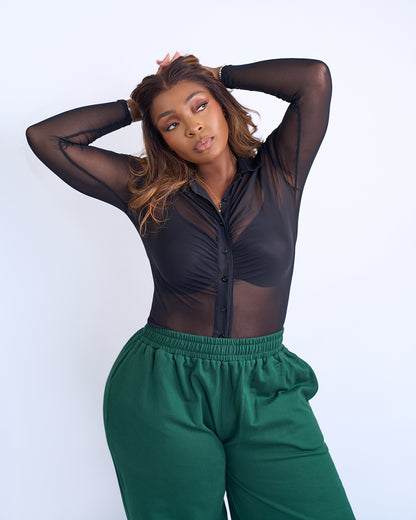 BP Basic Button Mesh Top - Black